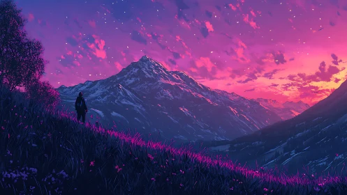 Silhouetted hiker observes stylized alpine range at dusk