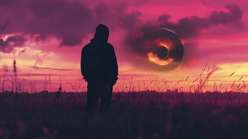 Silhouetted observer studies hovering disc in neon dusk sky