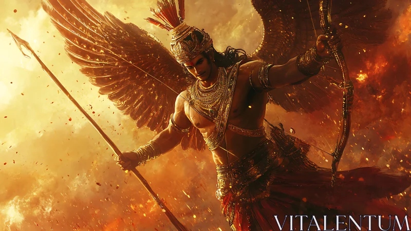 Winged warrior archer in mid-flight amid volumetric fire clouds