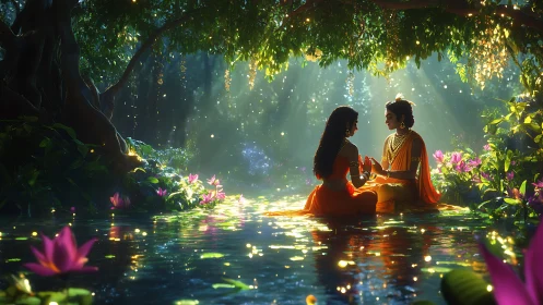 Enchanted riverside lovers sharing a golden, glowing moment.