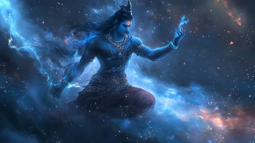 Cosmic blue deity meditating within swirling starlight.