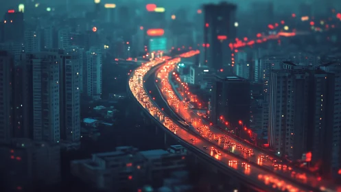 Nocturnal expressway cuts through neon-soaked highrise grid.