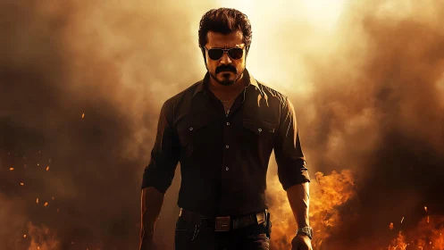 Smoldering action hero marching through golden inferno haze.