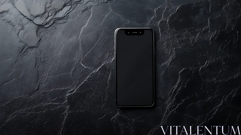 Black smartphone centered on dark textured stone surface.
