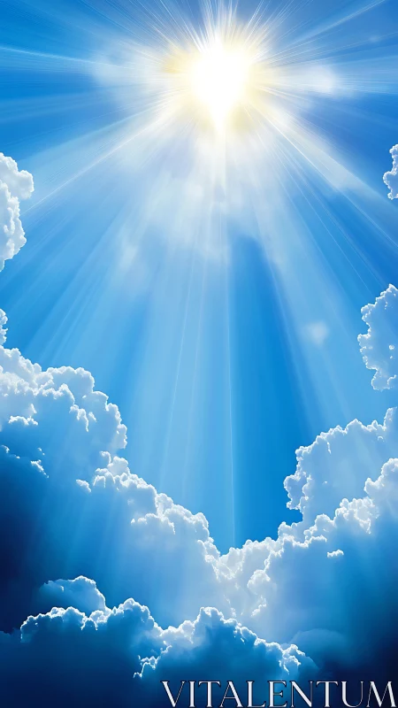 Sunlight penetrates cumuliform clouds in a digitally rendered sky