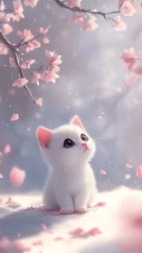 Alabaster Kitten Dreams Beneath Cherry Blossom Reverie