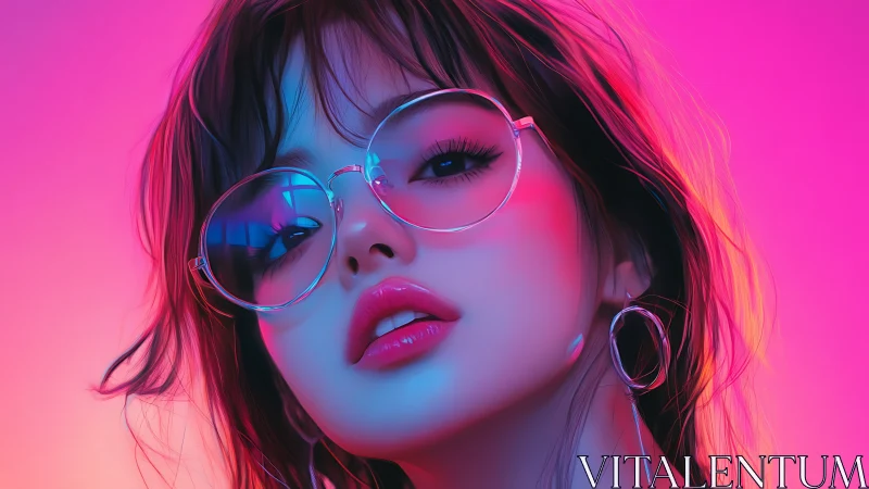 Neon-lit portrait of stylish girl in reflective glasses.