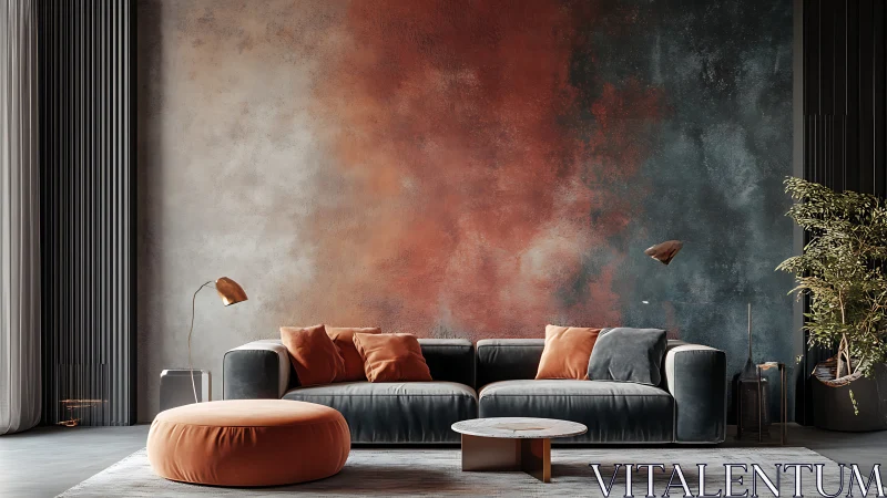Contemporary lounge with rust gradient mural and leather sofa.