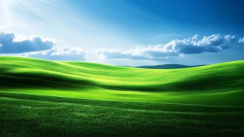 Green rolling hills under clear blue daytime sky.