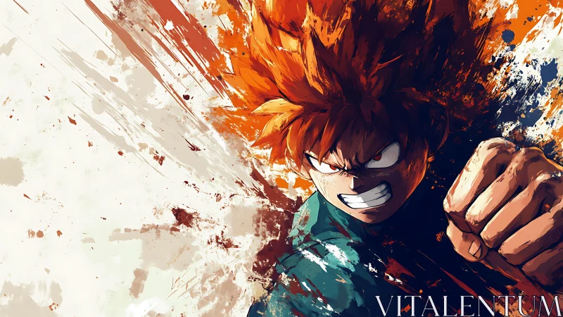 Fierce anime hero punching through wild color storms.