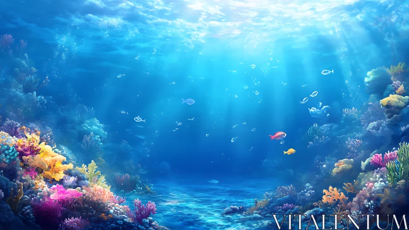 Sunlit Coral Reef Panorama With Vivid Tropical Marine Life.
