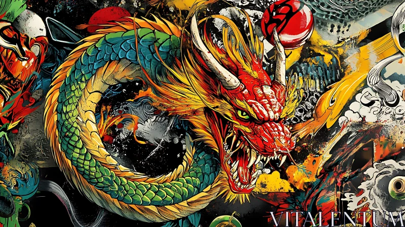 Dynamic coiled dragon graffiti in explosive comic fusion.