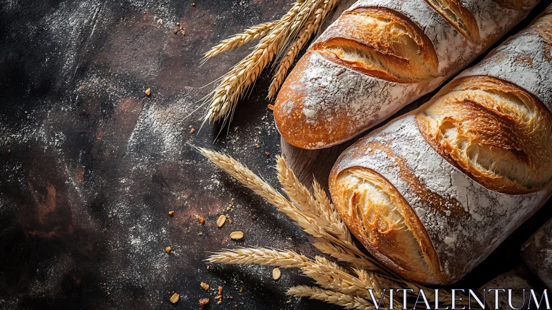 Artisanal Bread with Wheat on Dark Surface.