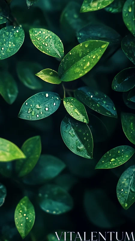 Glossy green leaves with rain droplets in moody light.