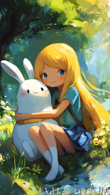 Sunlit meadow hug with a girl and her fluffy bunny friend.