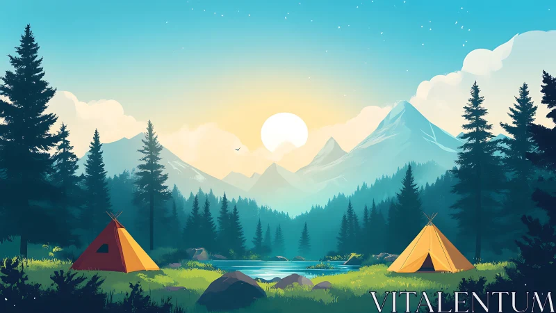 Sunrise mountain campsite by alpine lake with conifer forest