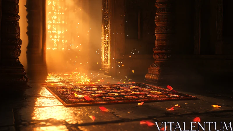 Sunlit petals drift across a temple carpet of quiet fire