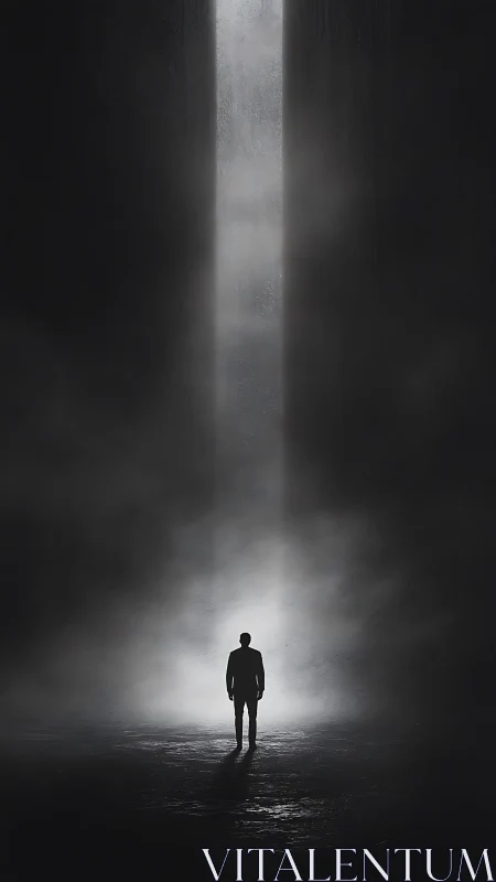 Solitary figure walking toward a quiet doorway of light.