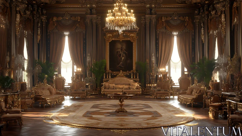 Baroque palace salon in symmetrical 3D interior rendering.