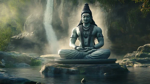 Meditating Shiva statue beside misty waterfall in forest.