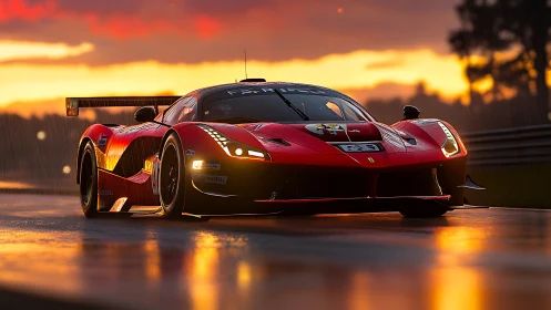 Aerodynamic GT race car slicing through rain-soaked sunset circuit.