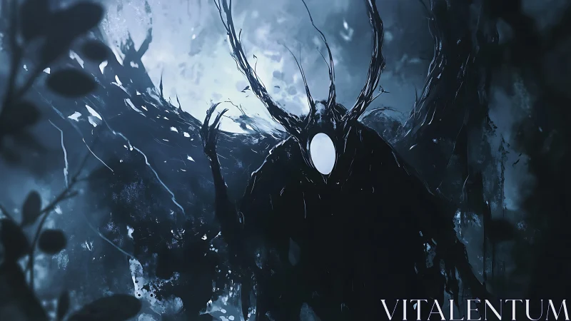 Midnight forest spirit with a glowing, masklike face.