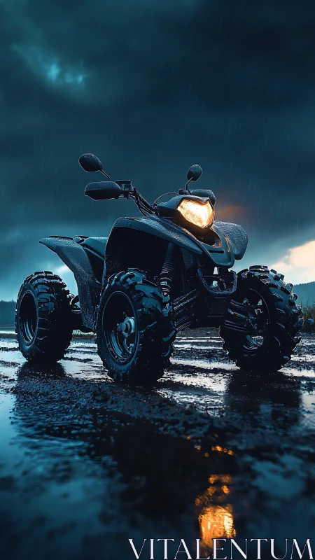Storm-lit ATV prowls a rain-soaked mudscape at dusk.