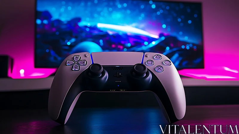 DualSense controller under neon gaming ambience glow.