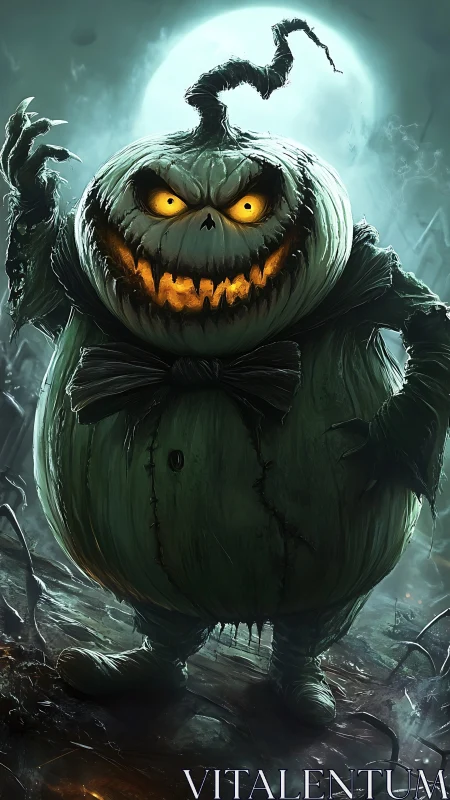 Grotesque jack-o’-lantern phantom looms under a spectral moon