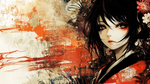Dark haired anime girl in red kimono over bold grunge art