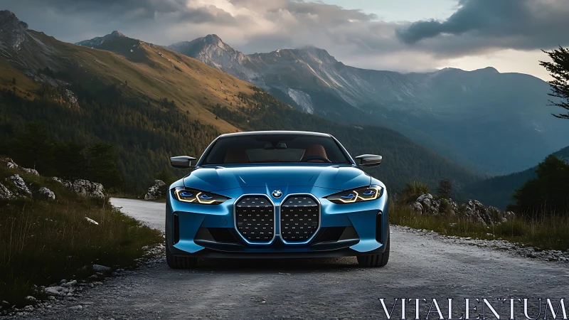 Electric performance coupe on alpine gravel pass at dusk.
