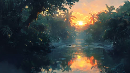 Luminous rainforest river at sunset in digital painting style.
