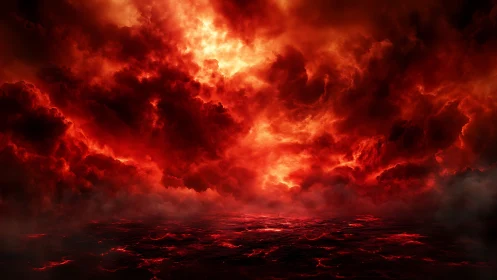 Infernal storm clouds roar above a blazing crimson sea.