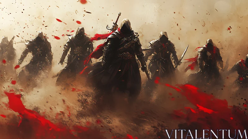 Digital painting of hooded warriors advancing through blooded dust.