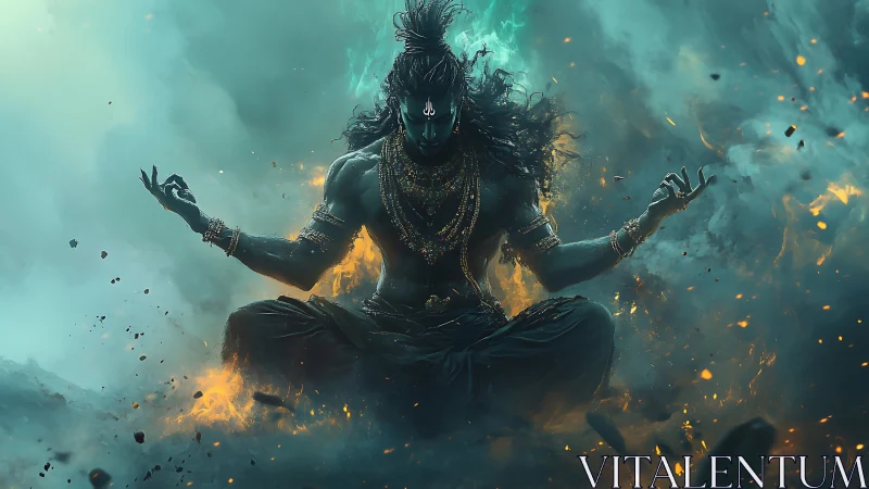 Mythic blue figure in meditative pose amid fire and smoke.