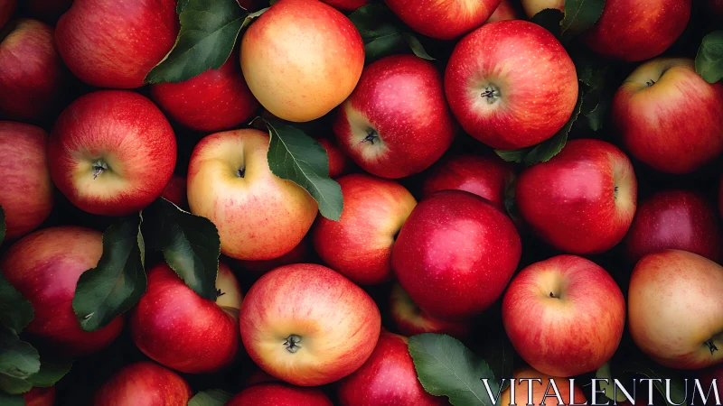 Harvest-fresh red apples with green leaves in tight frame.