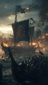 Viking longships in nocturnal naval assault, burning coastline