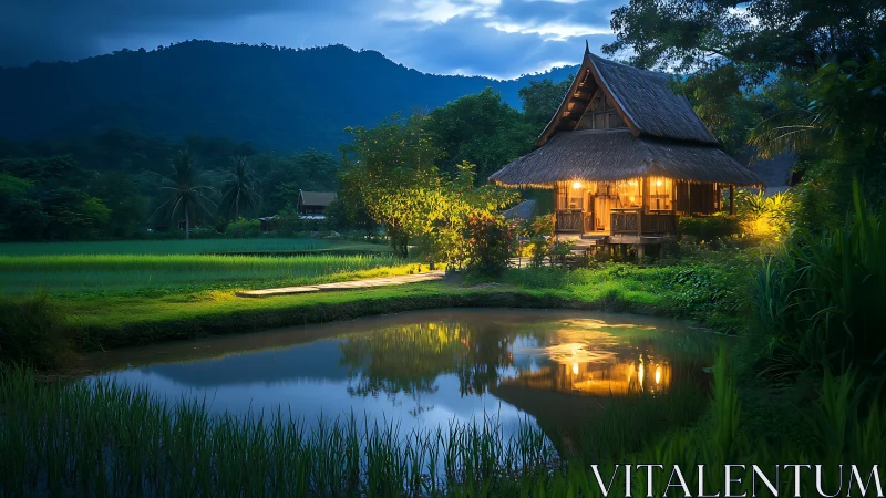 Warm wooden hut glows beside rice field pond at dusk