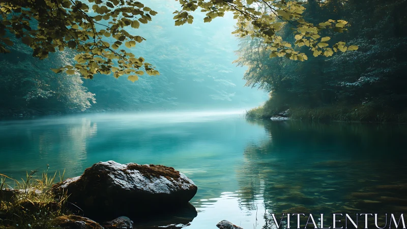 Whispering teal river cradled by mist-kissed forest hush.