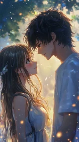 Romantic anime couple standing close in warm evening light.