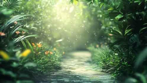 Sunlit garden path hums softly with drifting green light