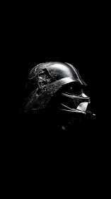 Battle-scarred black sci-fi helmet emerges from darkness.