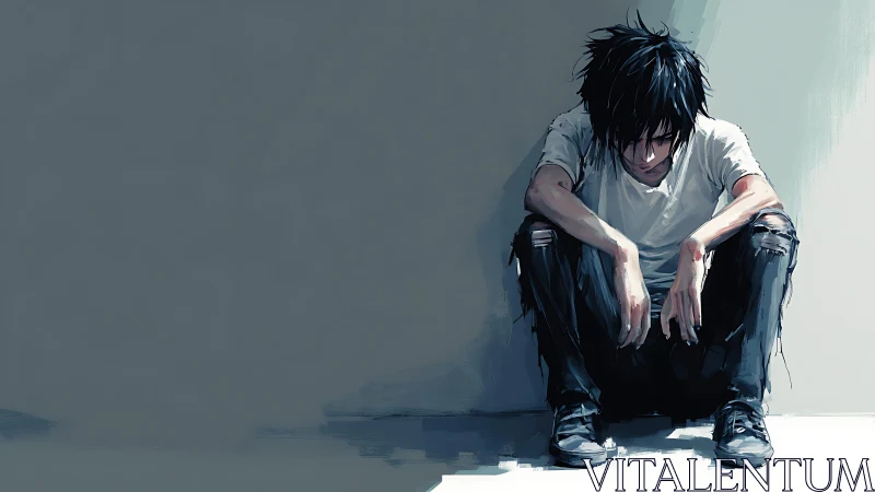 Shadowed boy sinks into urban silence and painted gloom.