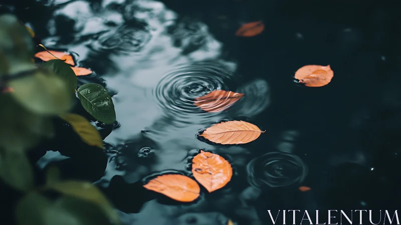 Autumn leaves drift across dark rippling water surface.