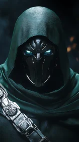 Hooded cybernetic warlord with glowing teal eyes
