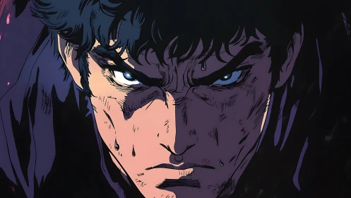 Fierce anime warrior locks eyes with bold, unwavering focus