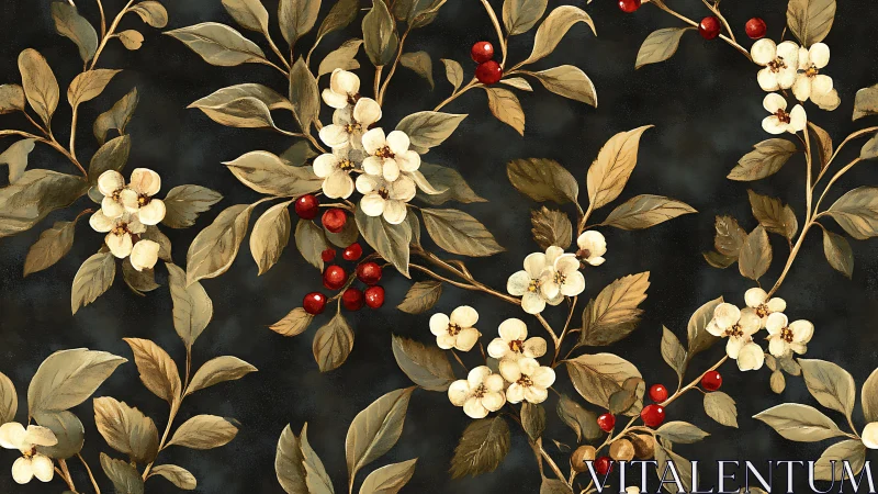 Classical Botanical Composition with Metallic Foliage and Berries.