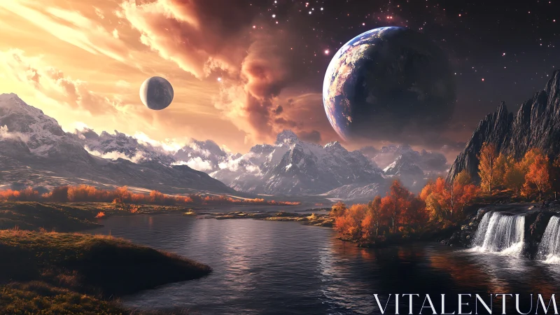 Twin planets rise over autumn lake in a serene alien dawn