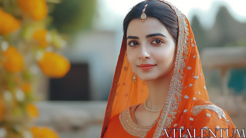 Graceful woman glowing in traditional orange attire outdoors.
