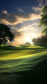 Sunlit golf fairway with trees under dramatic sky.